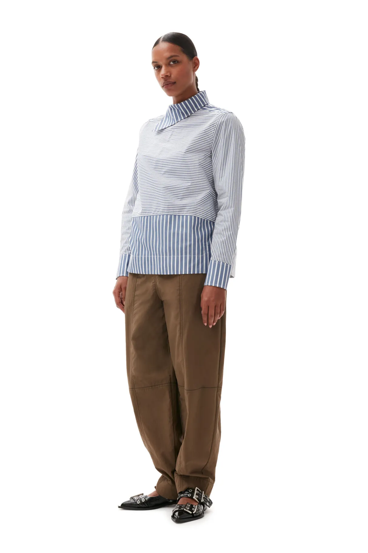 Discount GANNI Asymmetrical Stripe Collar Shirt Gray Blue