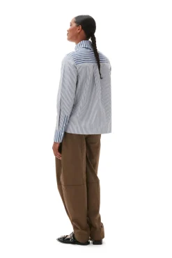 Discount GANNI Asymmetrical Stripe Collar Shirt Gray Blue