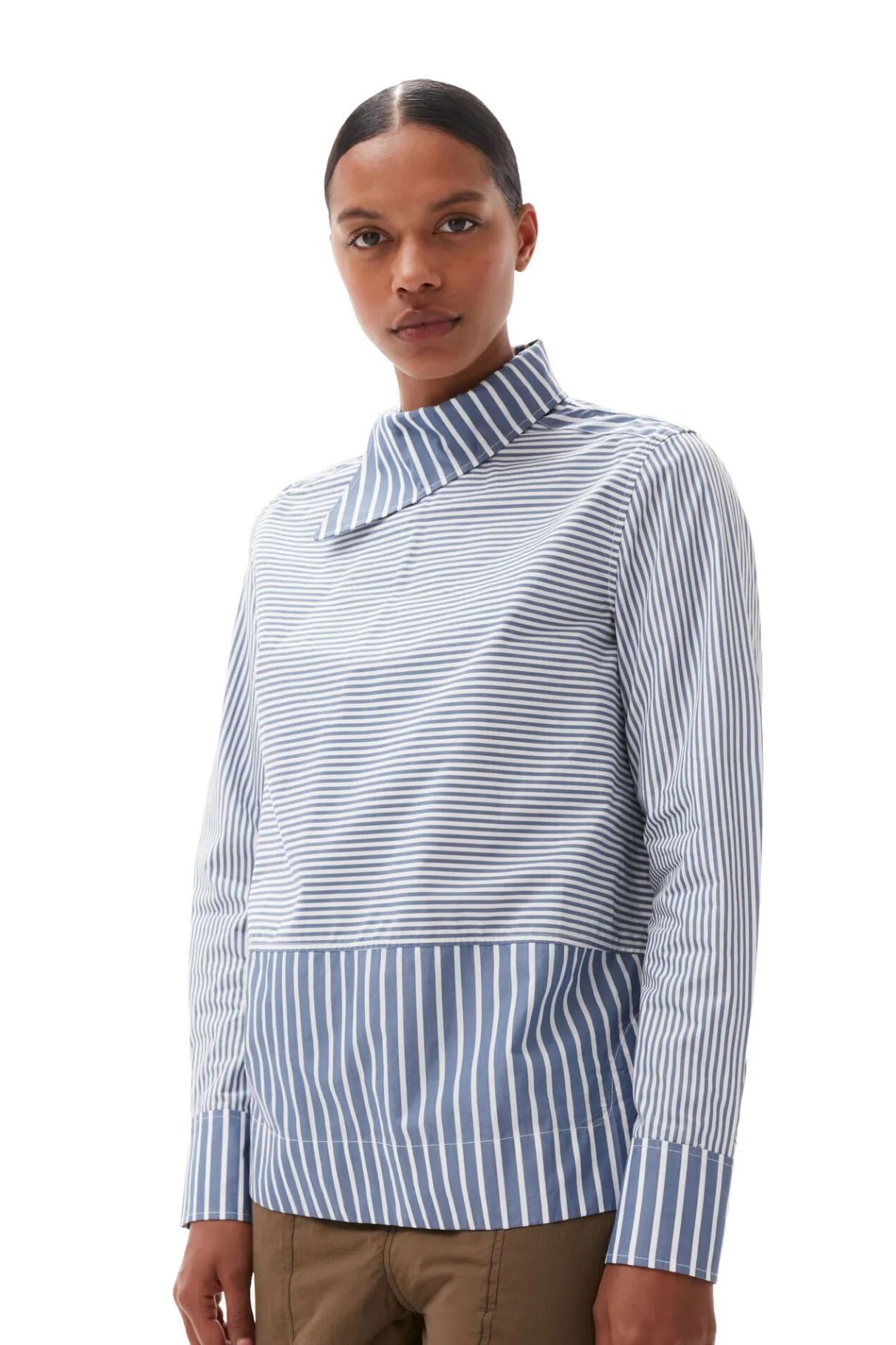 Discount GANNI Asymmetrical Stripe Collar Shirt Gray Blue