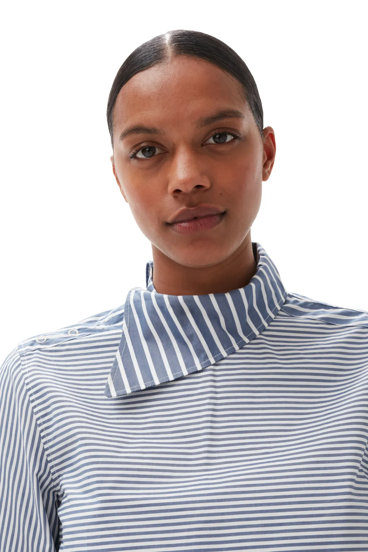 Discount GANNI Asymmetrical Stripe Collar Shirt Gray Blue