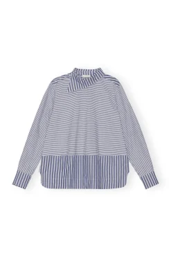 Discount GANNI Asymmetrical Stripe Collar Shirt Gray Blue