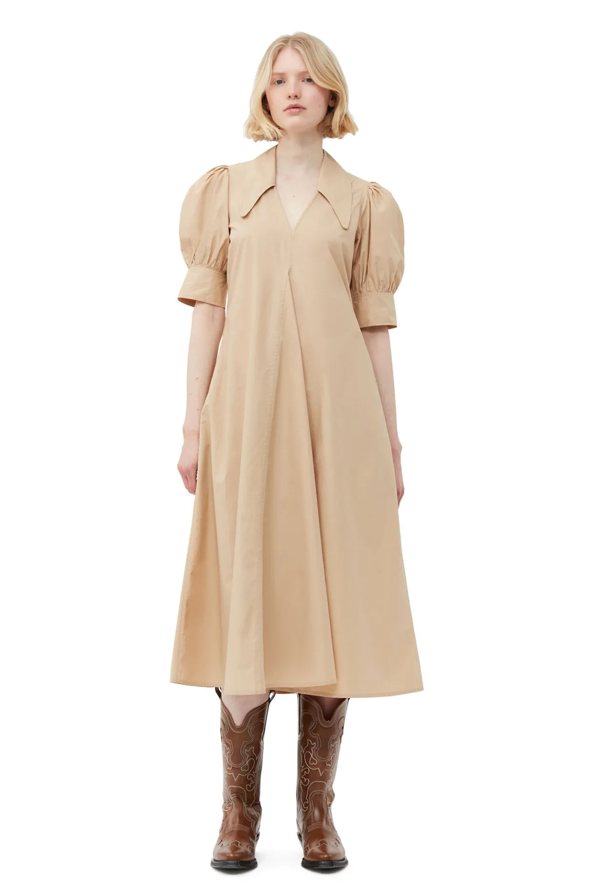 Clearance GANNI Beige Cotton Poplin V-Neck Maxi Dress Curds And Whey