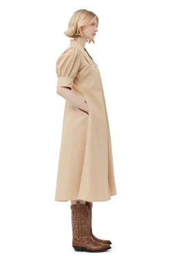 Clearance GANNI Beige Cotton Poplin V-Neck Maxi Dress Curds And Whey