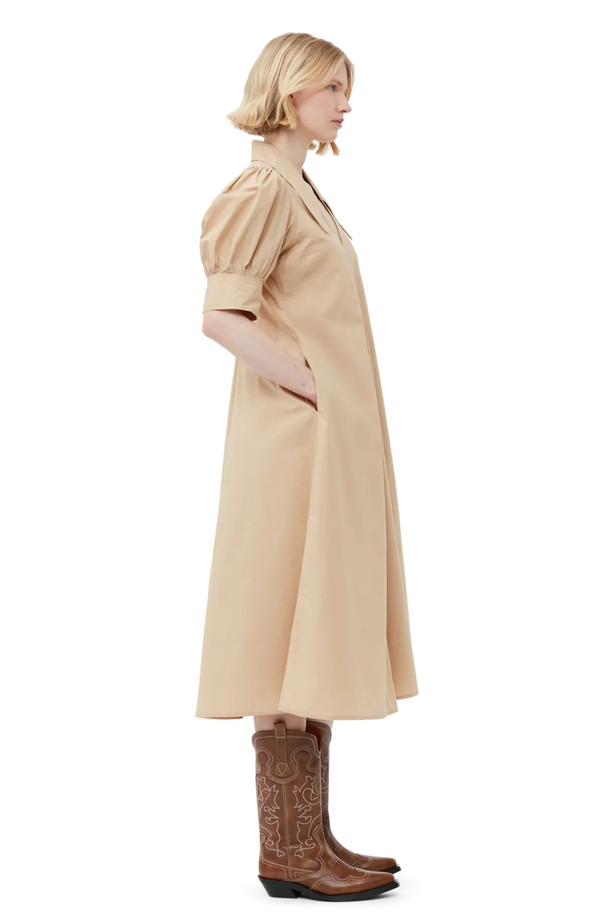 Clearance GANNI Beige Cotton Poplin V-Neck Maxi Dress Curds And Whey