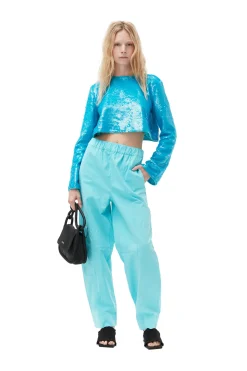 Shop GANNI Blue Sequins Blouse Blue Curacao