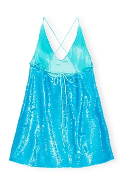 Shop GANNI Blue Sequins Strap Mini Dress Blue Curacao