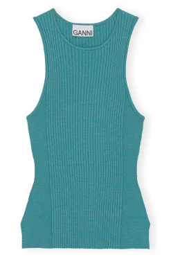 Outlet GANNI Blue Sleeveless Melange Top Lagoon