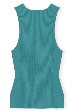Outlet GANNI Blue Sleeveless Melange Top Lagoon