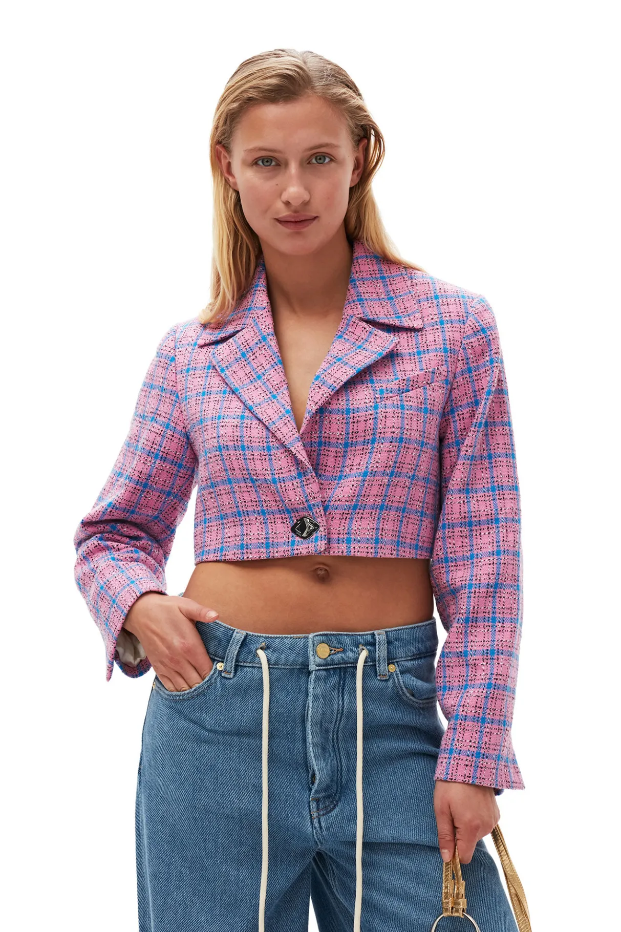 Sale GANNI Check Suiting Cropped Blazer Wild Orchid