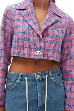 Sale GANNI Check Suiting Cropped Blazer Wild Orchid