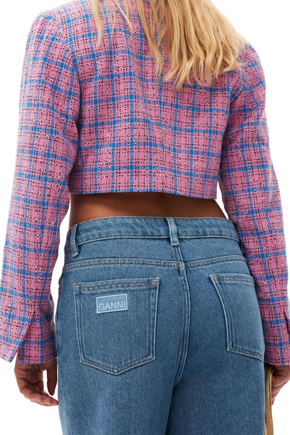Sale GANNI Check Suiting Cropped Blazer Wild Orchid
