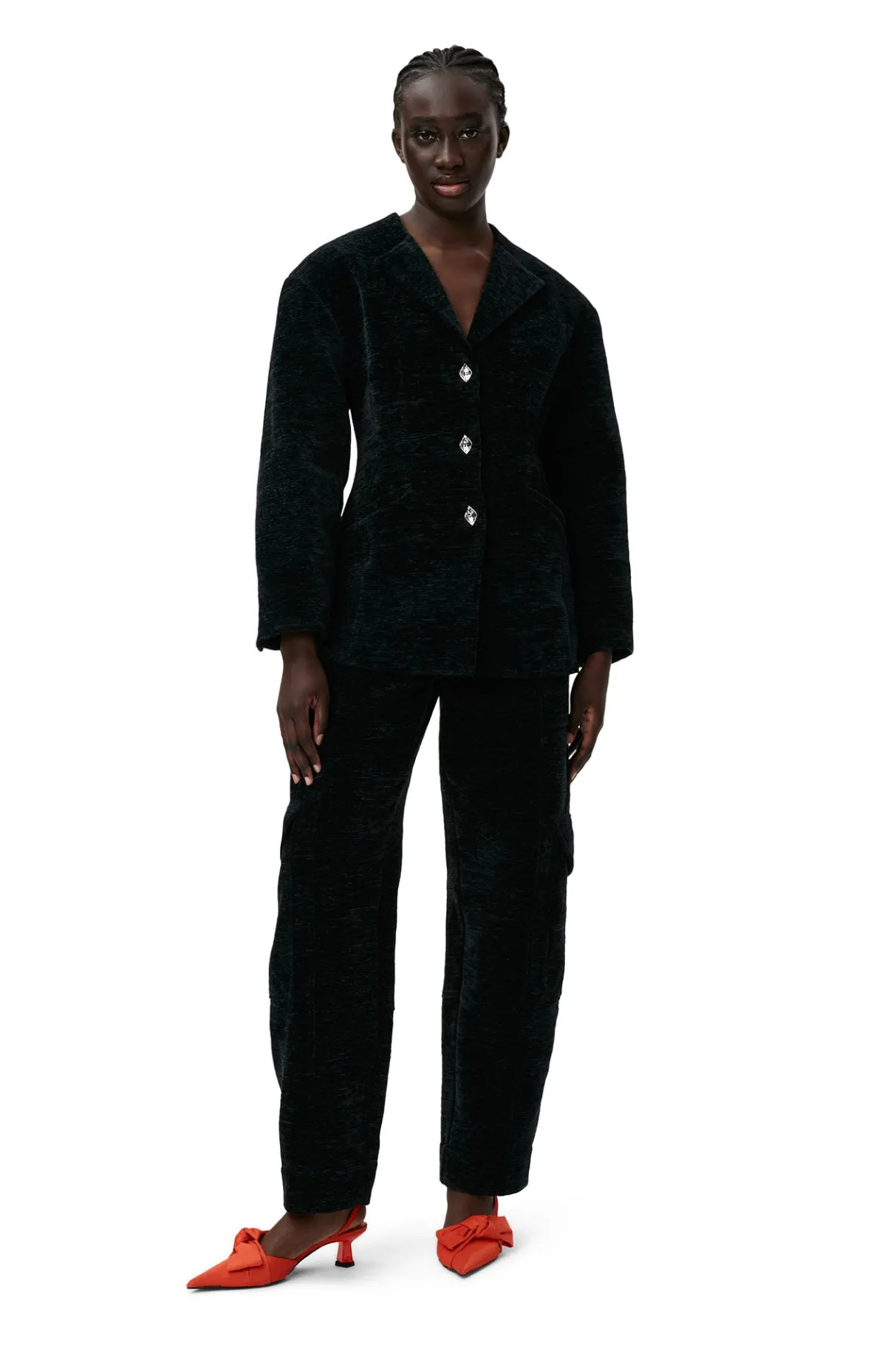 Shop GANNI Chenille Fitted Blazer Black