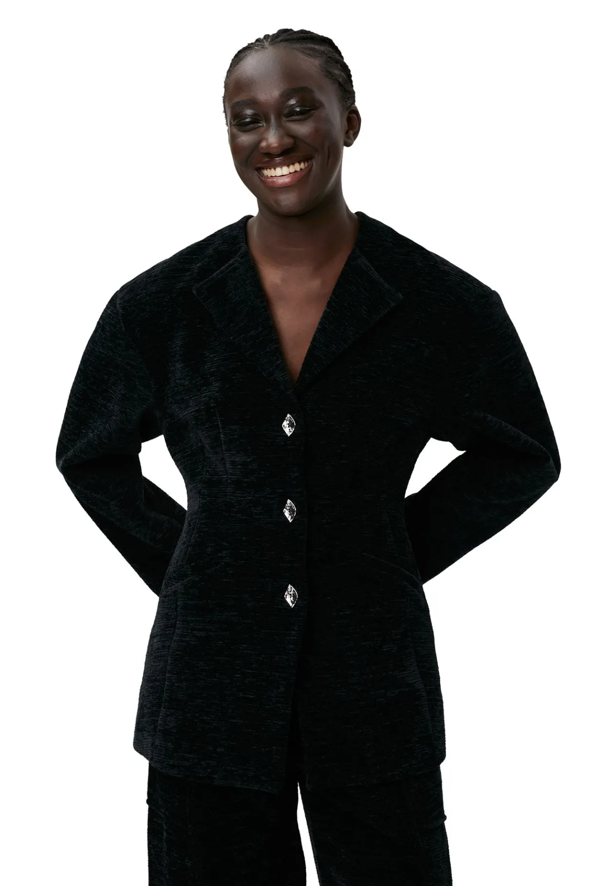 Shop GANNI Chenille Fitted Blazer Black