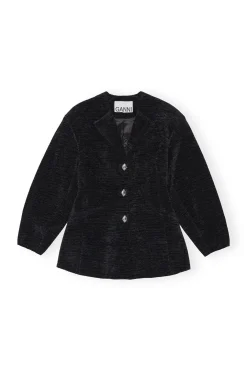 Shop GANNI Chenille Fitted Blazer Black