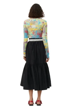 New GANNI Cotton Poplin Maxi Flounce Skirt Black