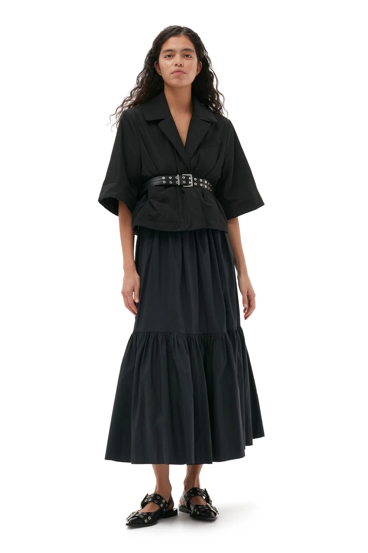 New GANNI Cotton Poplin Maxi Flounce Skirt Black