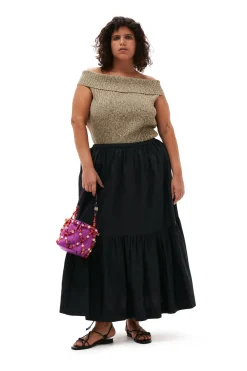 New GANNI Cotton Poplin Maxi Flounce Skirt Black