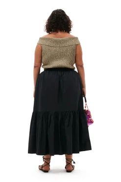 New GANNI Cotton Poplin Maxi Flounce Skirt Black