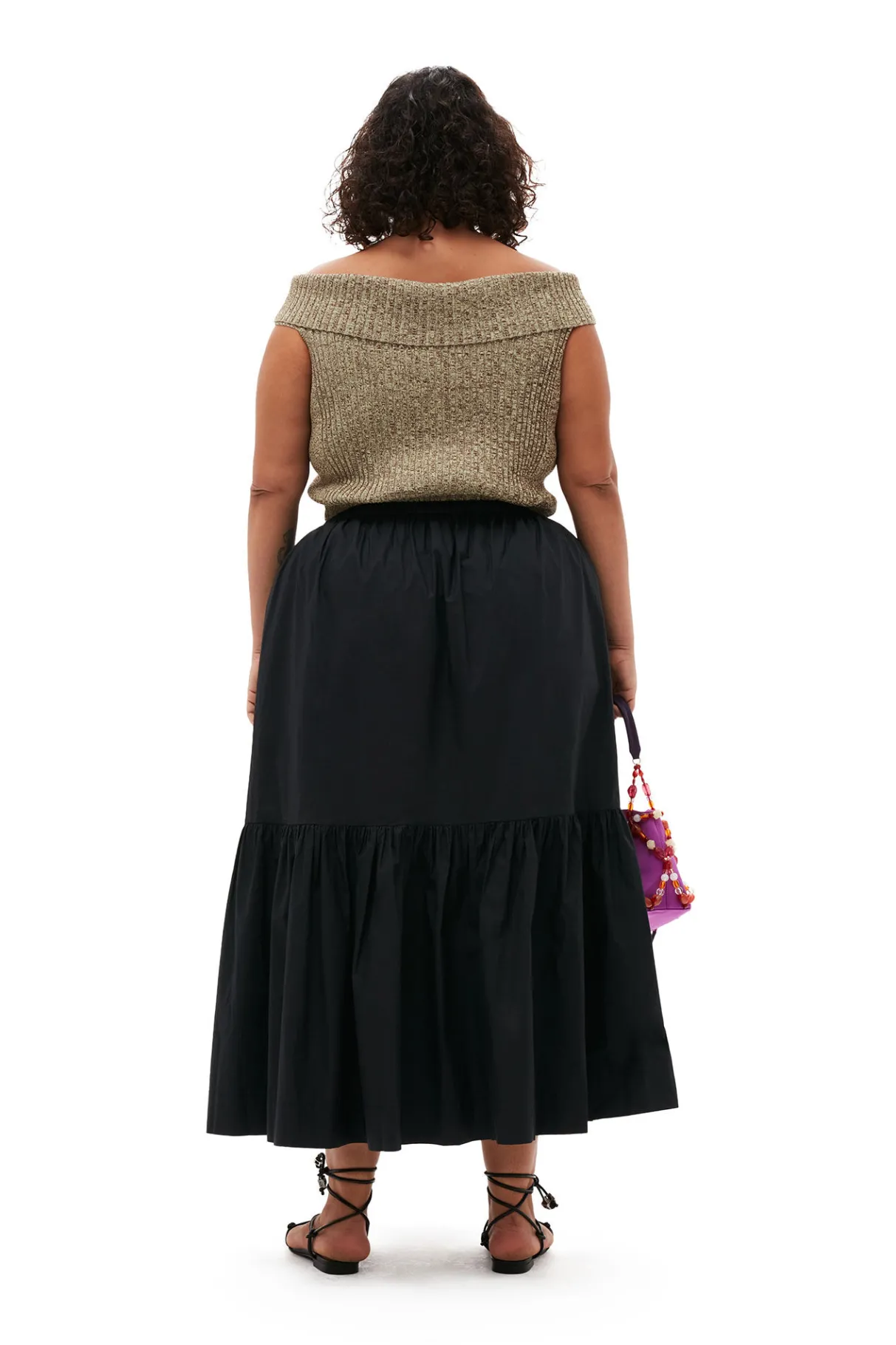 New GANNI Cotton Poplin Maxi Flounce Skirt Black