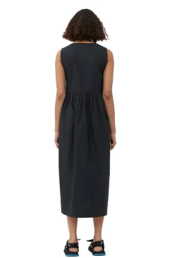 New GANNI Cotton Poplin Midi Dress Black