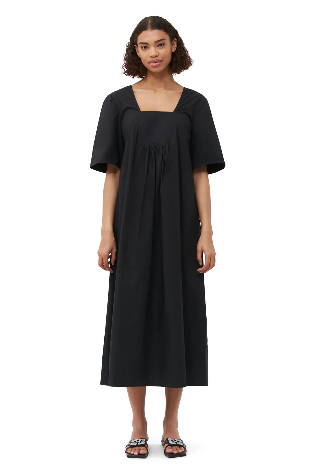 Outlet GANNI Cotton Poplin Open-Neck Maxi Dress Black