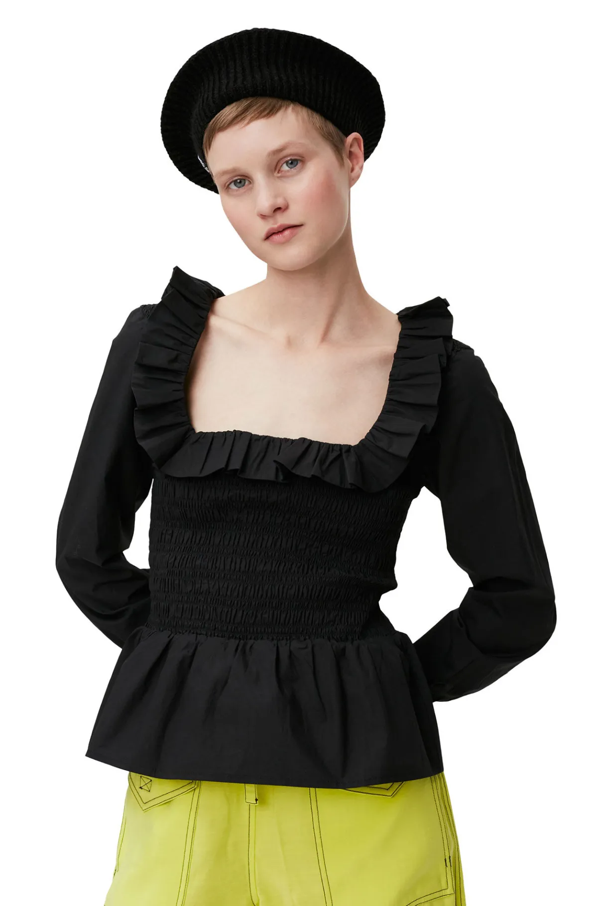 Online GANNI Cotton Poplin Open-Neck Smock Blouse Black