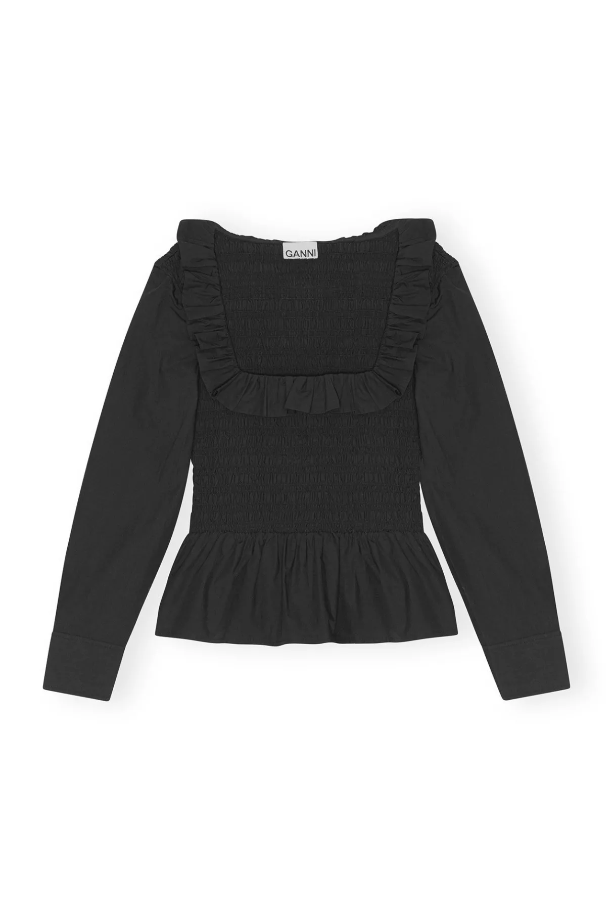 Online GANNI Cotton Poplin Open-Neck Smock Blouse Black