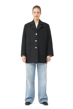 Discount GANNI Cotton Suiting Oversized Blazer Black