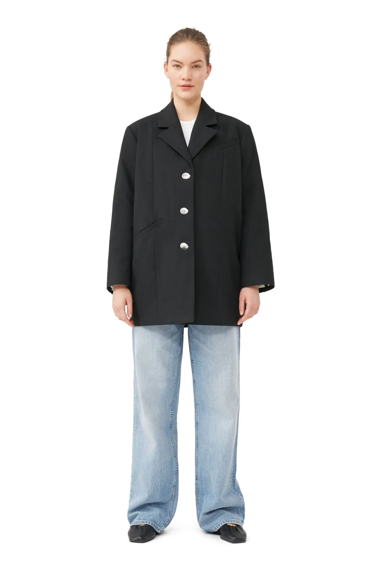 Discount GANNI Cotton Suiting Oversized Blazer Black