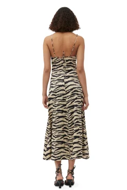 Discount GANNI Crinkled Satin Maxi Strap Dress Pale Khaki