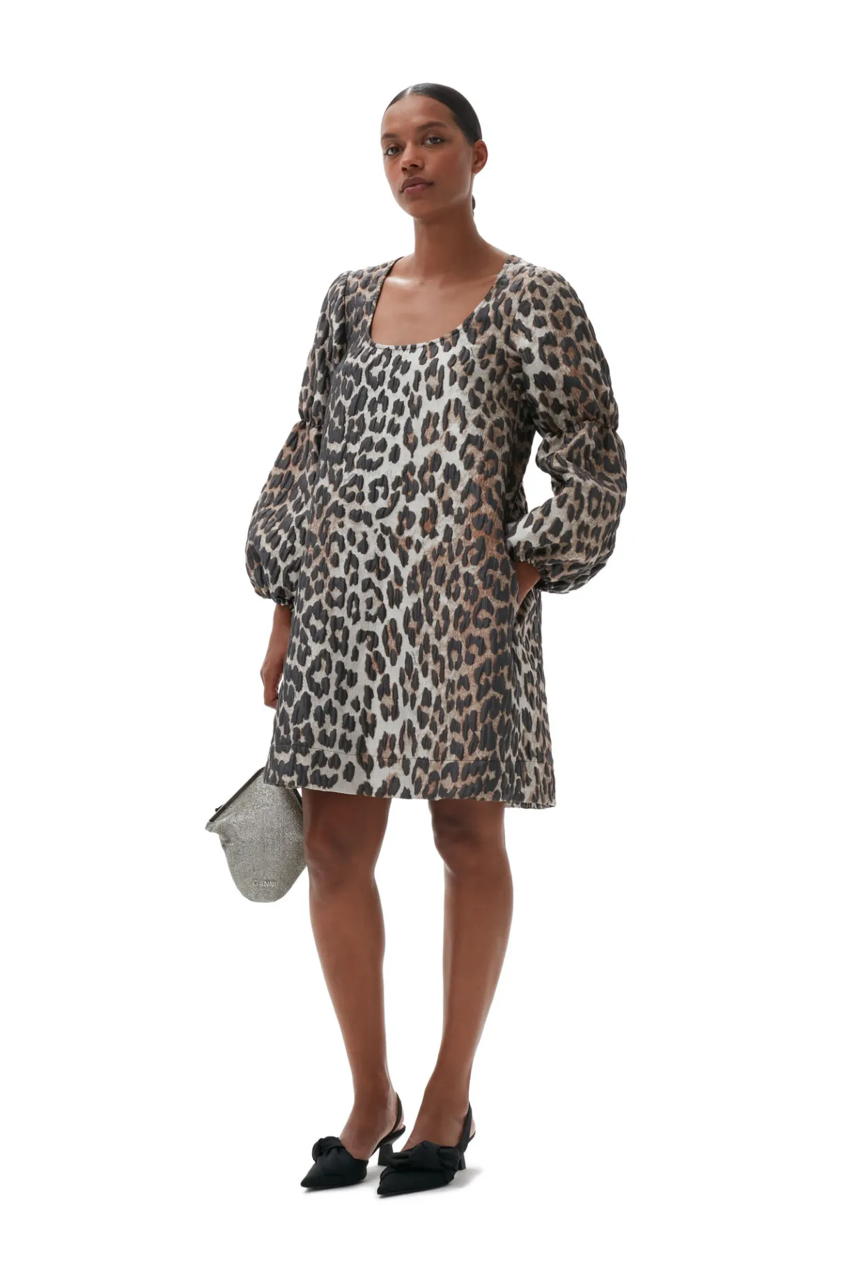 New GANNI 3D Leopard Jacquard Mini Dress Big Leopard Almond Milk