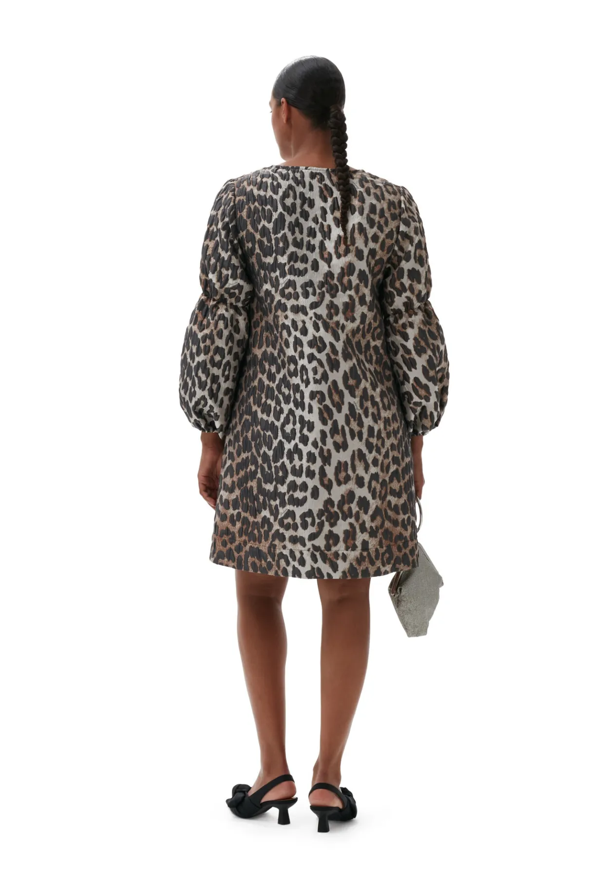 New GANNI 3D Leopard Jacquard Mini Dress Big Leopard Almond Milk
