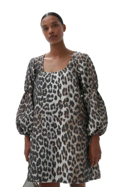 New GANNI 3D Leopard Jacquard Mini Dress Big Leopard Almond Milk
