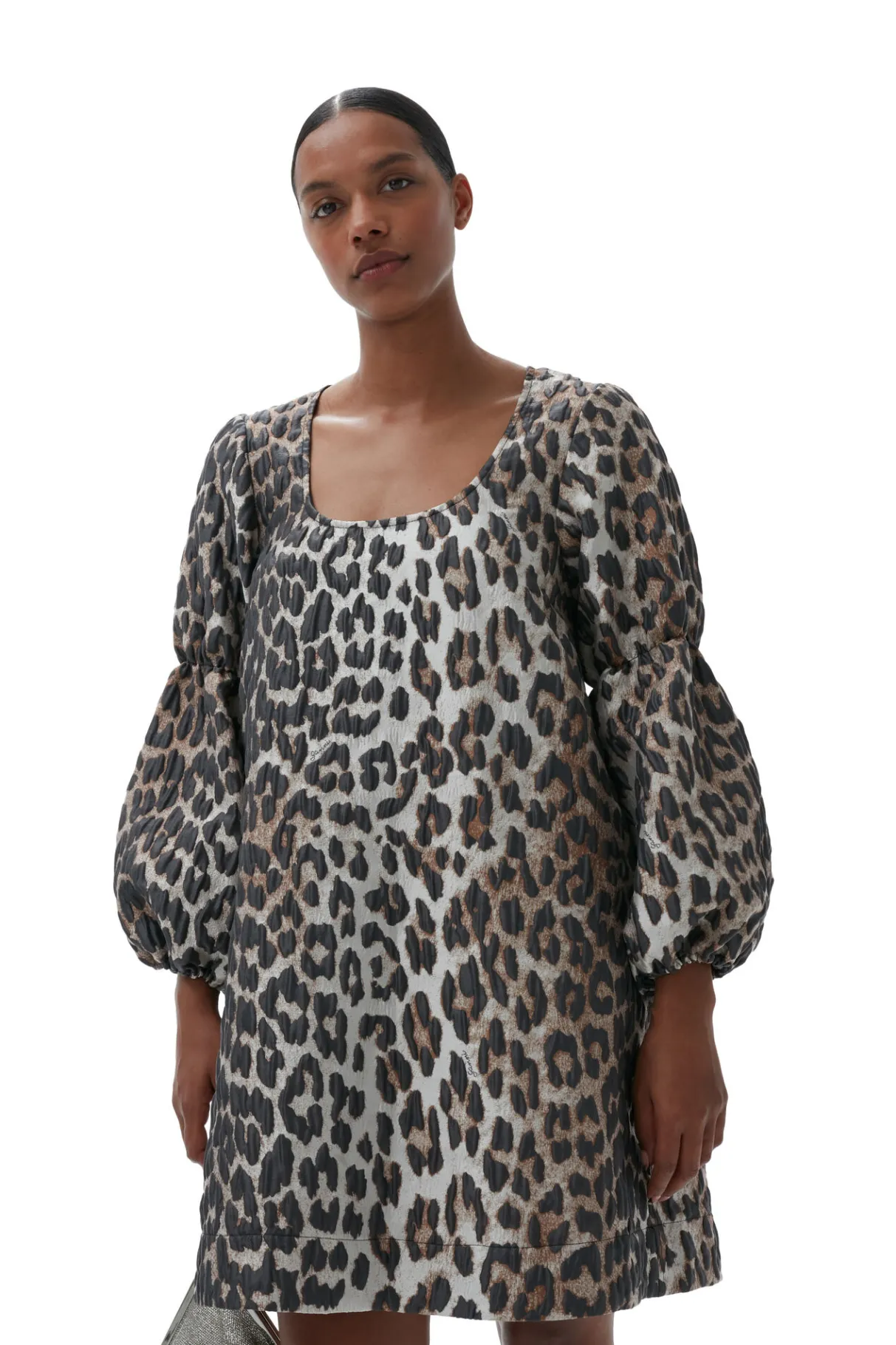 New GANNI 3D Leopard Jacquard Mini Dress Big Leopard Almond Milk