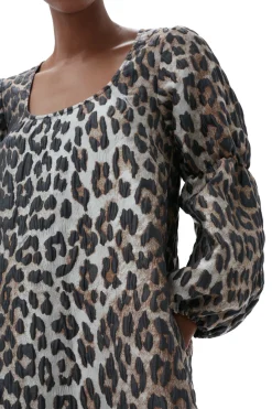 New GANNI 3D Leopard Jacquard Mini Dress Big Leopard Almond Milk