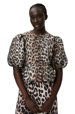 Cheap GANNI 3D Leopard Jacquard Peplum Blouse Big Leopard Almond Milk