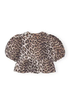Cheap GANNI 3D Leopard Jacquard Peplum Blouse Big Leopard Almond Milk
