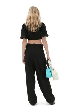 Online GANNI Drapey Melange Loose Pleat Pants Black