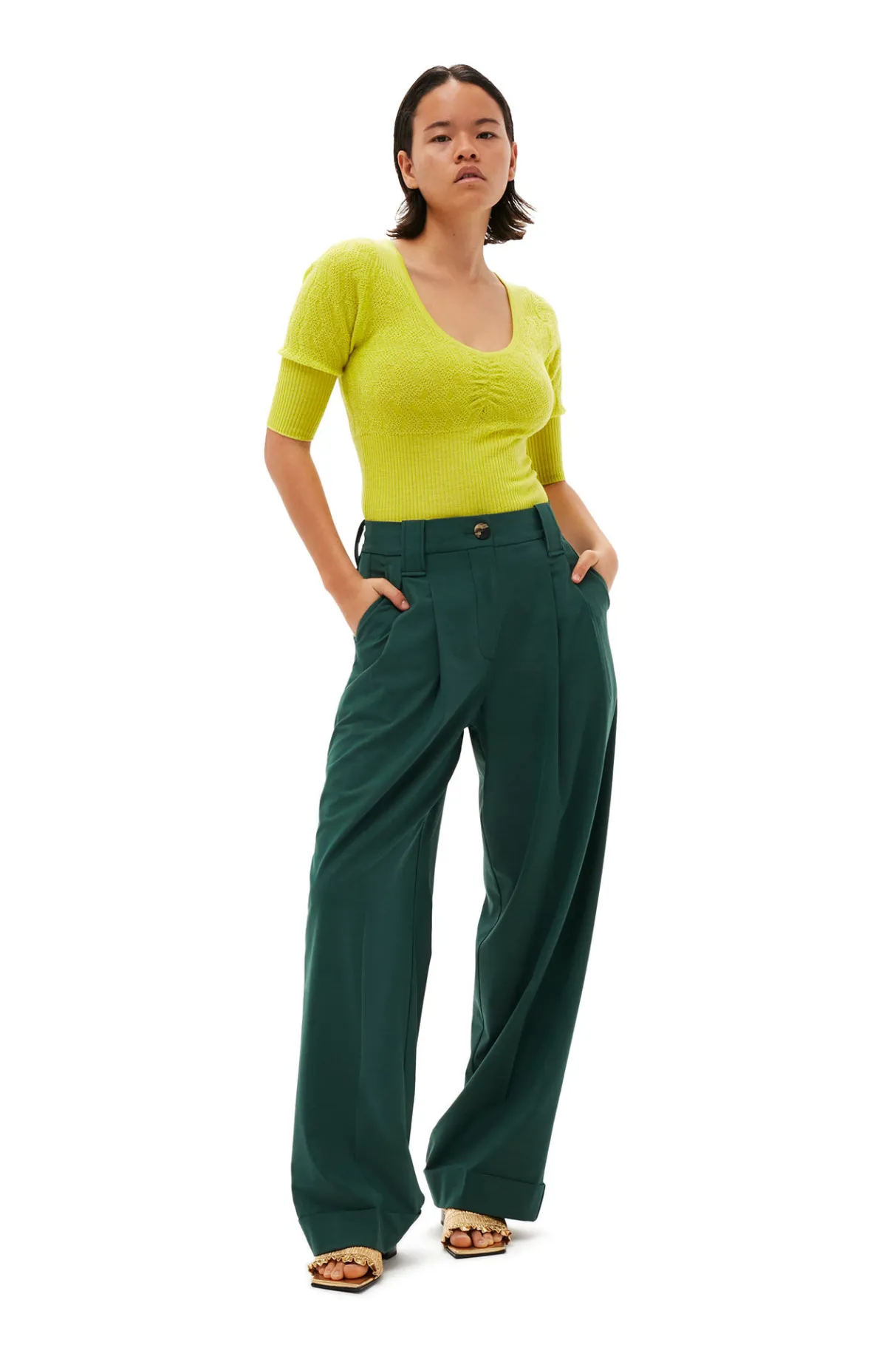 Hot GANNI Drapey Melange Pleat Pants Trekking Green