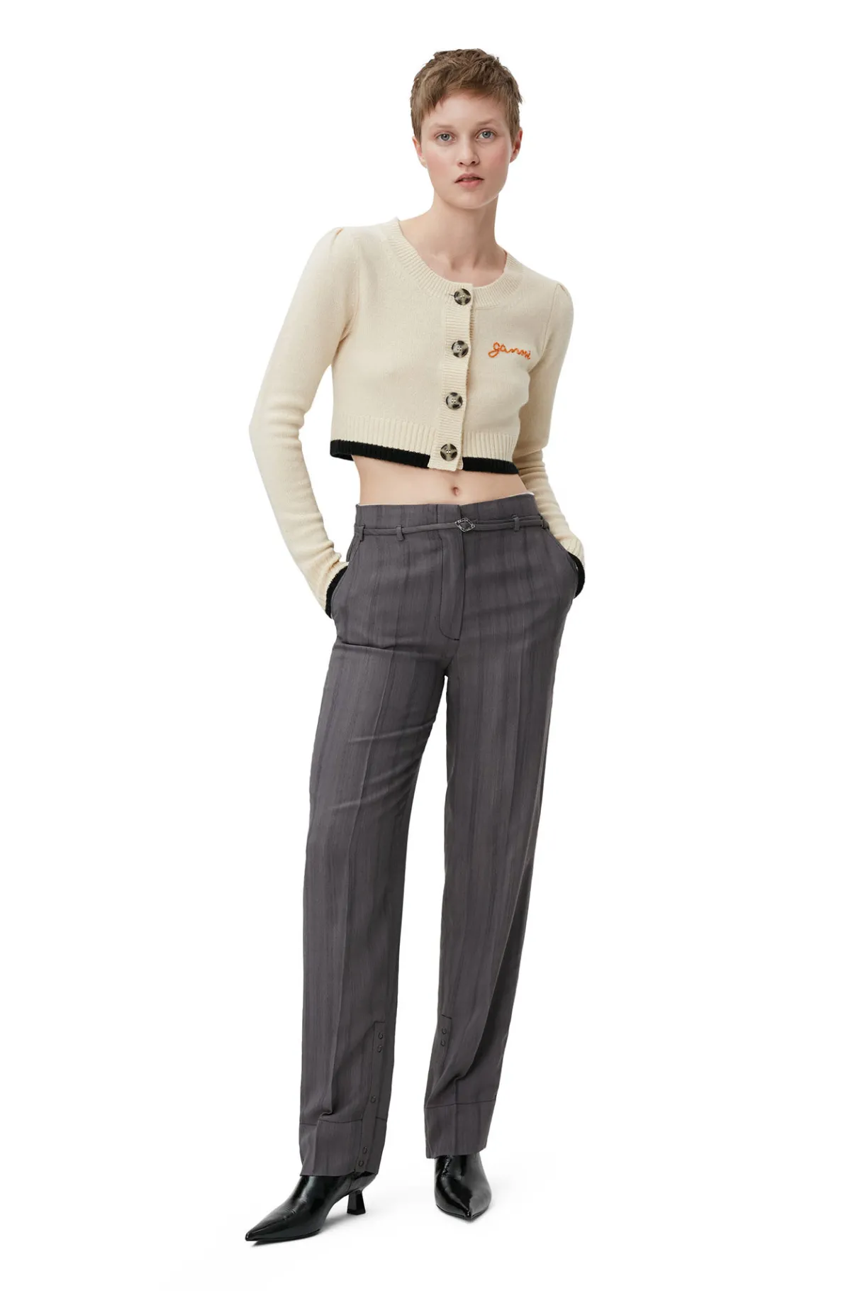 Shop GANNI Drapey Stripe Pants Black Stripes