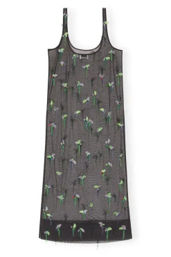Fashion GANNI Embellished Mesh Slip Dress Black