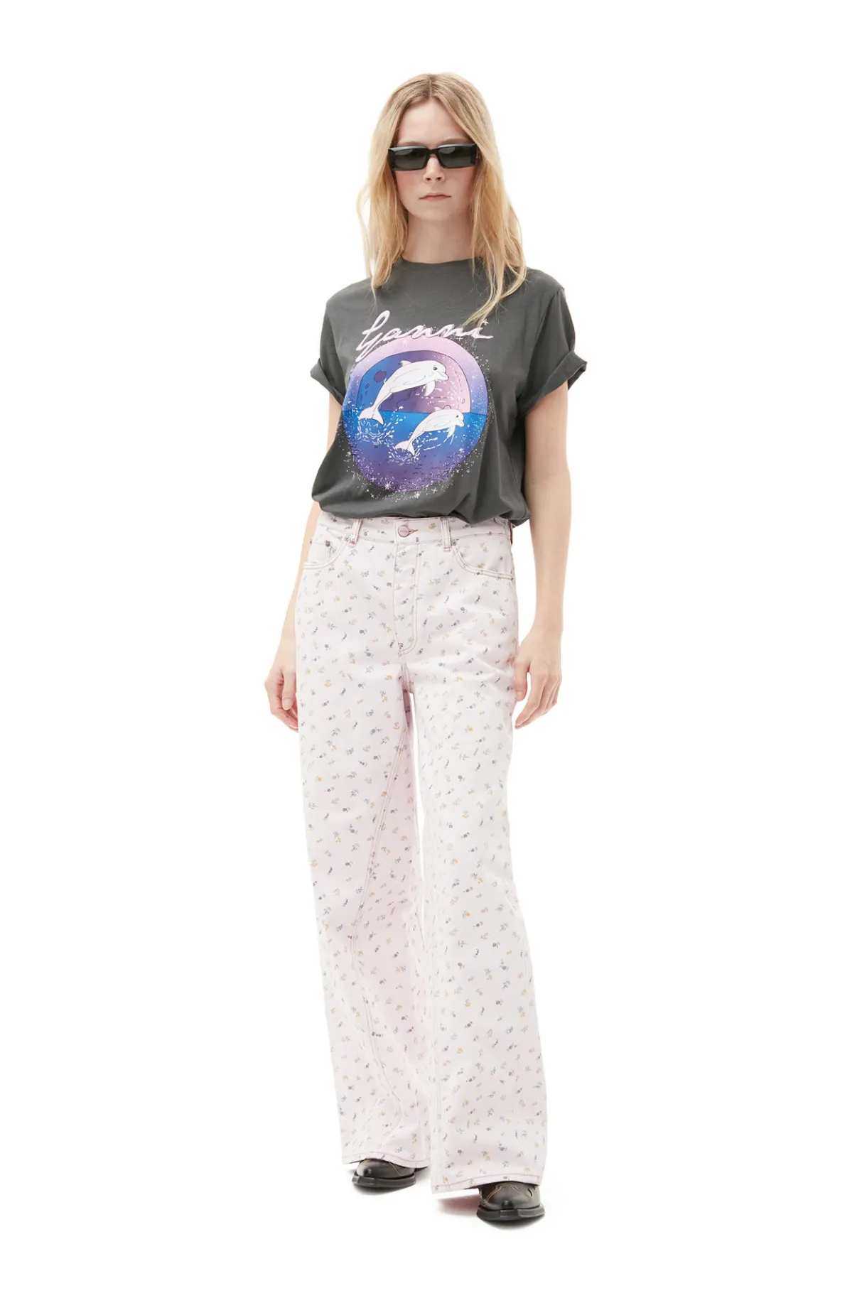 Fashion GANNI Flower Print Joezy Jeans Pink Tulle