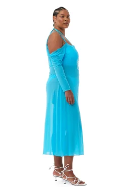 Best Sale GANNI X Ester Manas Mesh Off Shoulder Dress Bachelor Blue