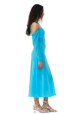 Best Sale GANNI X Ester Manas Mesh Off Shoulder Dress Bachelor Blue