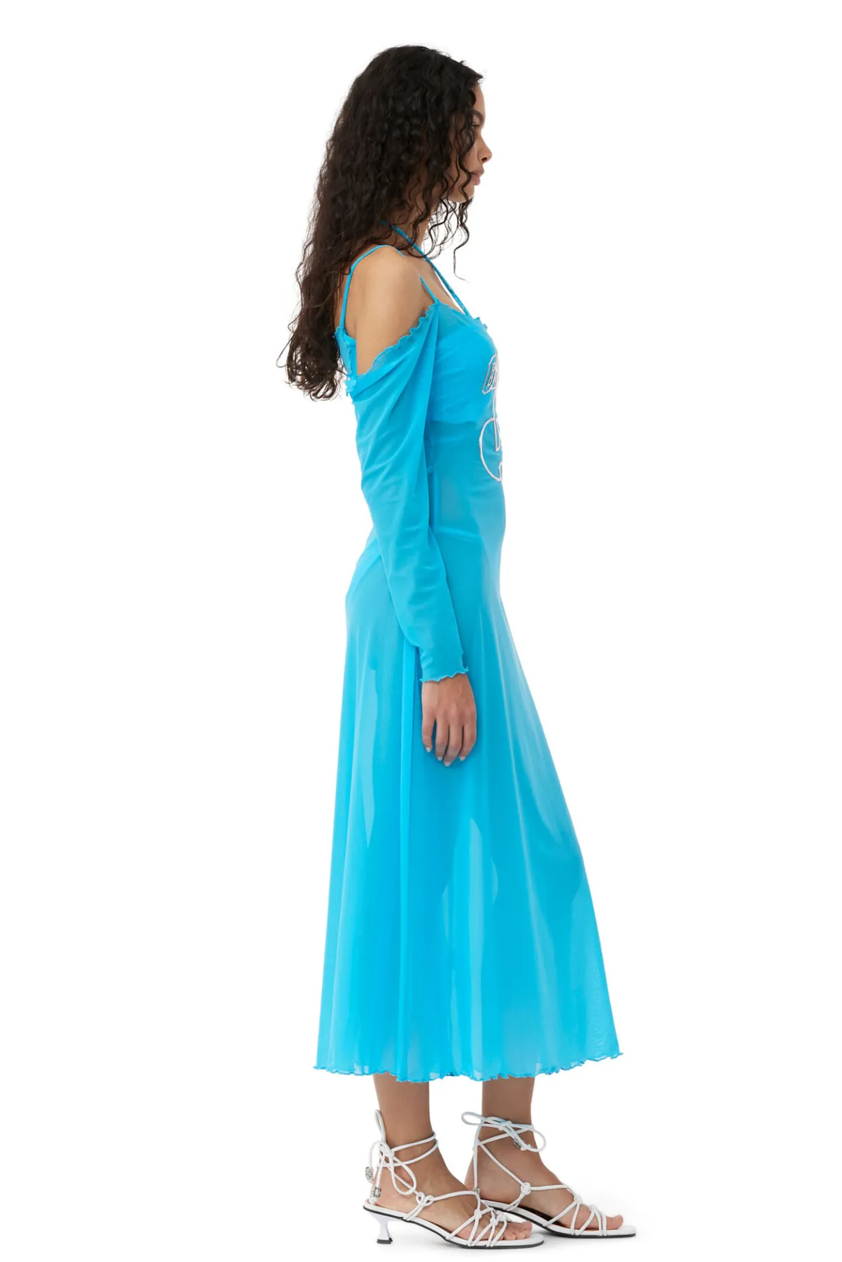 Best Sale GANNI X Ester Manas Mesh Off Shoulder Dress Bachelor Blue