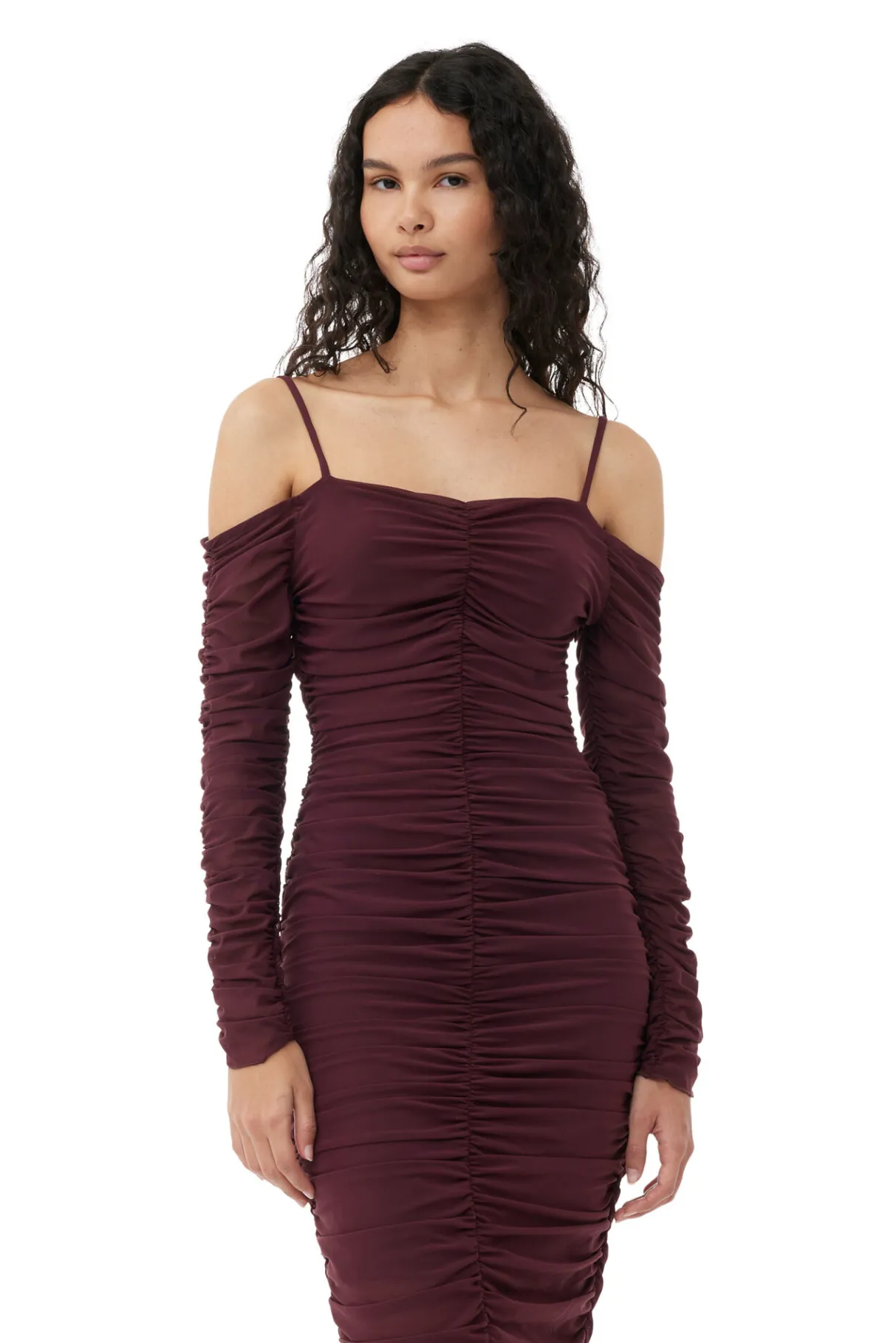Best GANNI X Ester Manas Mesh Off Shoulder Gather Dress Port Royale