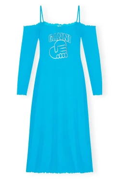 Best Sale GANNI X Ester Manas Mesh Off Shoulder Dress Bachelor Blue