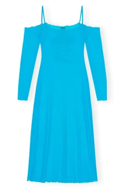 Best Sale GANNI X Ester Manas Mesh Off Shoulder Dress Bachelor Blue