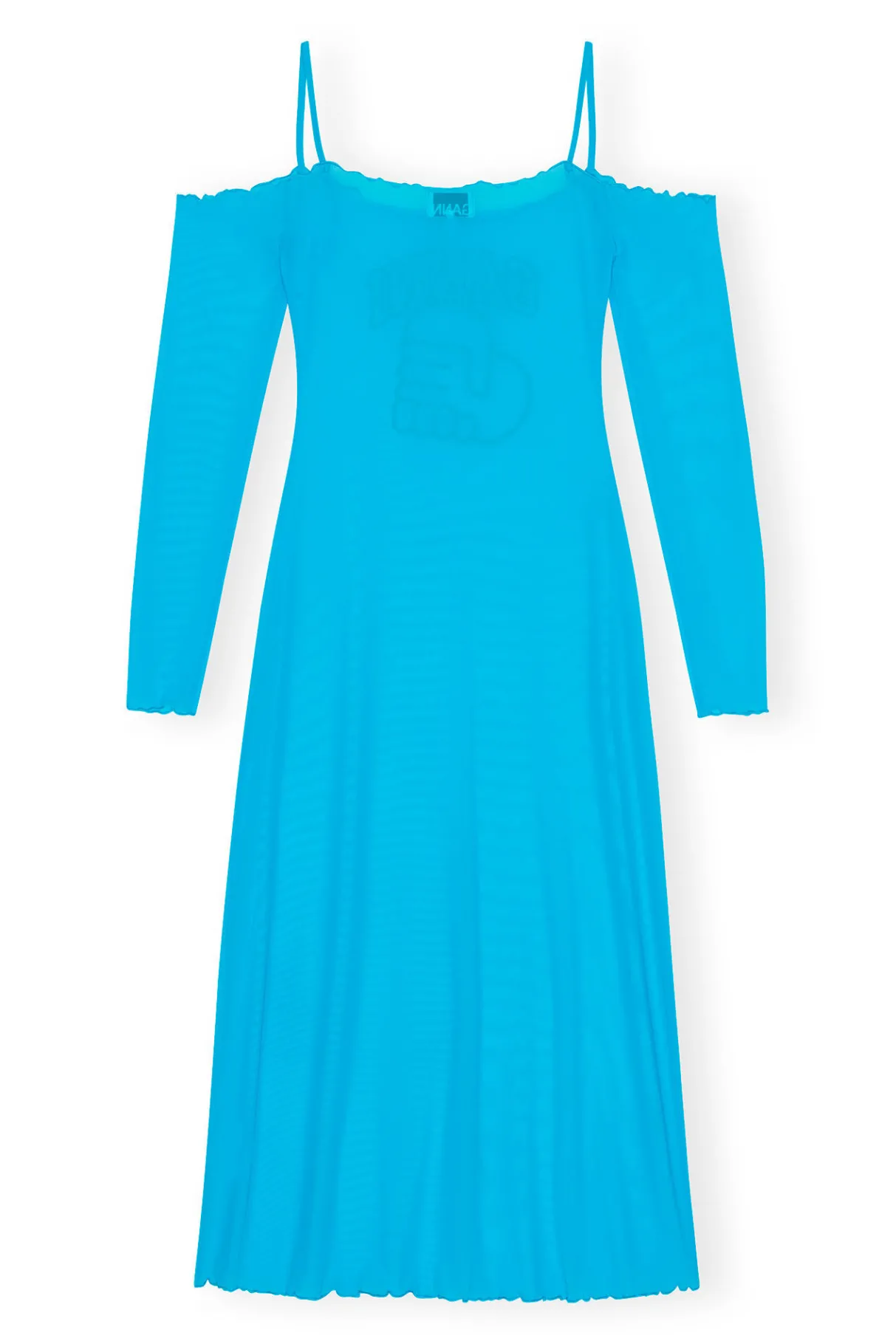 Best Sale GANNI X Ester Manas Mesh Off Shoulder Dress Bachelor Blue