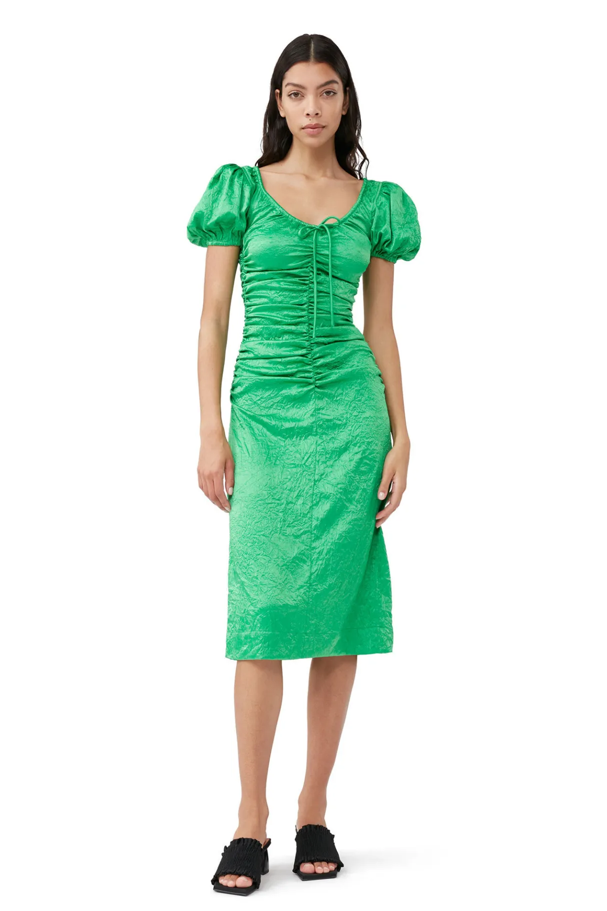 Online GANNI Green Crinkled Satin Midi Dress Bright Green